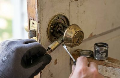 Locksmith repairing a deadbolt stuck in the locked position on a wooden front door