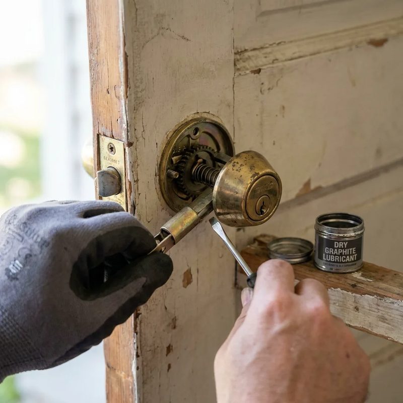 Locksmith repairing a deadbolt stuck in the locked position on a wooden front door