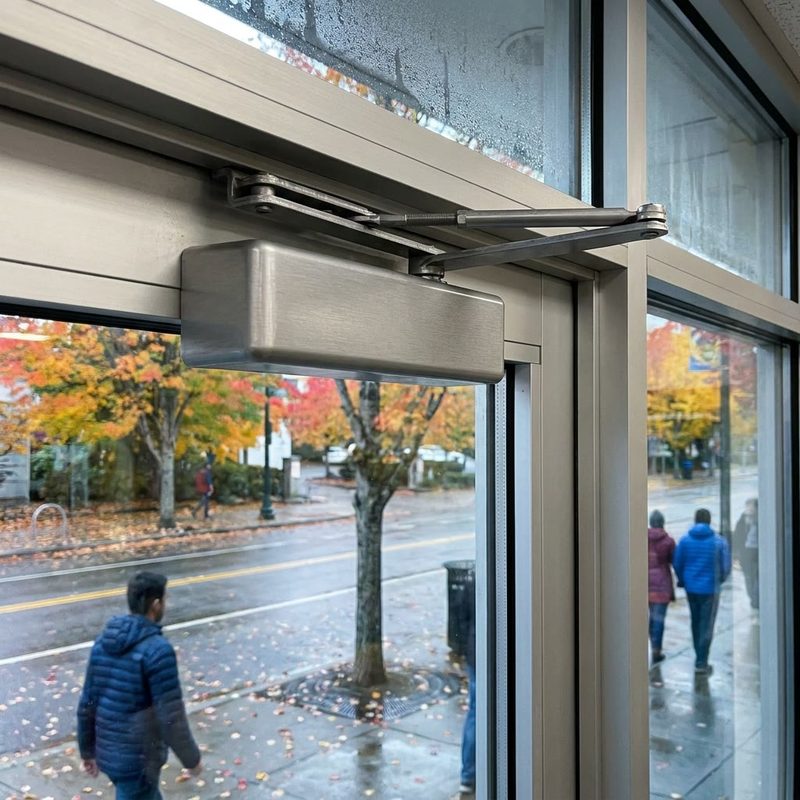 Hydraulic overhead door closer on an aluminum and glass storefront door in autumn