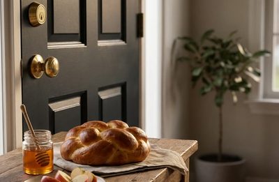 Round challah, a jar of honey and sliced apples on a wooden table beside a front door with a brass deadbolt