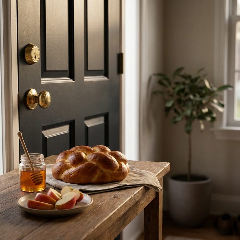 Round challah, a jar of honey and sliced apples on a wooden table beside a front door with a brass deadbolt