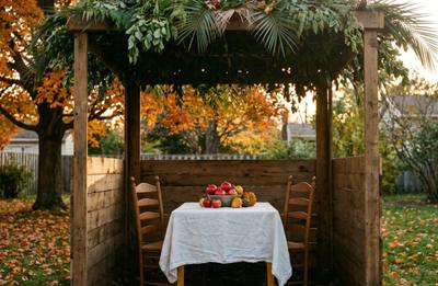 A wooden sukkah with a roof of green branches in a backyard in autumn
