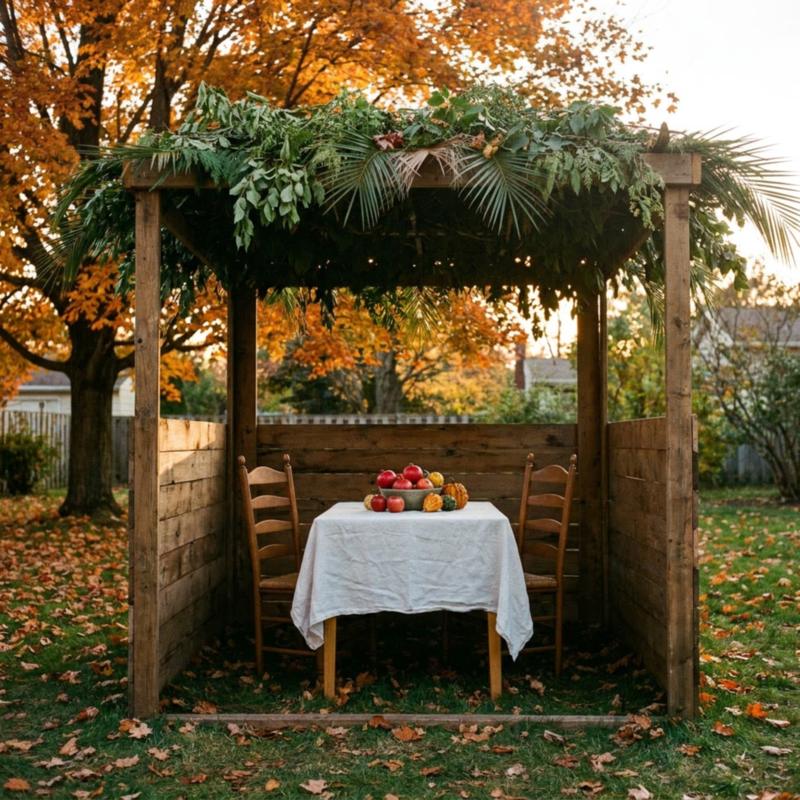 A wooden sukkah with a roof of green branches in a backyard in autumn, with a table set with pomegranates, apples and gourds