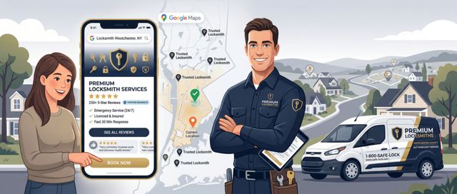 Illustration of a trusted locksmith listing on Google Maps in Westchester County