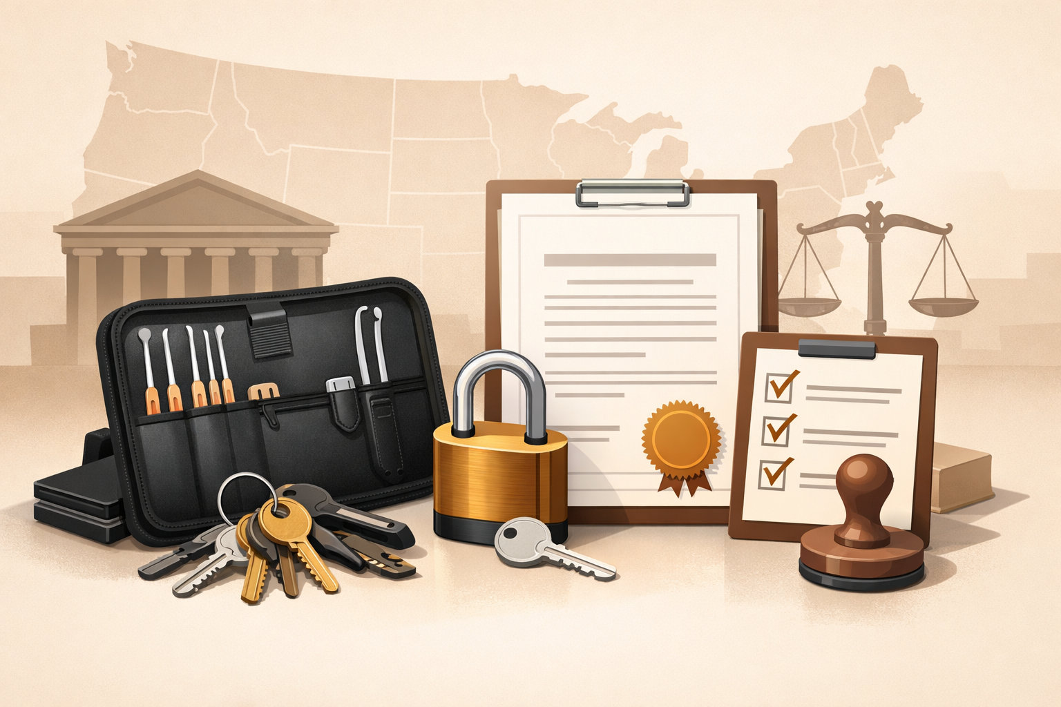 Illustrated locksmith license requirements across U.S. states with tools, padlock, and official document
