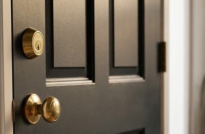 Brass deadbolt and knob on a black paneled front door in a home entryway