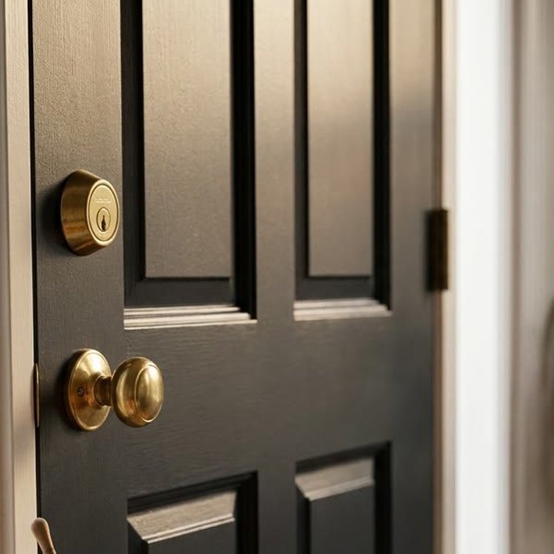 Brass deadbolt and knob on a black paneled front door in a home entryway