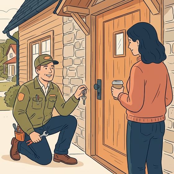 Illustration of a Peekskill locksmith kneeling at a stone entryway and handing a homeowner her new house keys